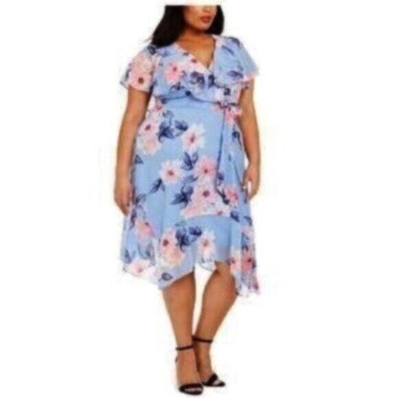 NWT Jessica Howard Light Blue Floral Ruffle Midi Spring Summer Party Dress 14W - Picture 1 of 6